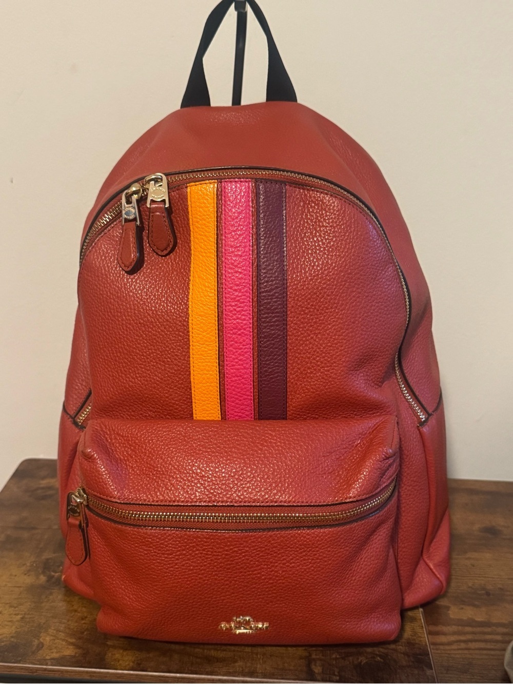 Coach Pebble Red/Wine Large Backpack with Color Stripe Accent Clean Conditions